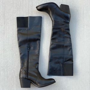 Black Genuine Leather Block Heel Knee High Boots